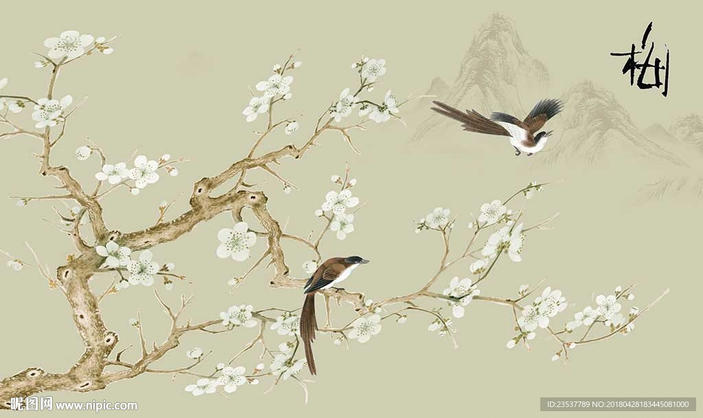 中式工笔梅花电视背景墙