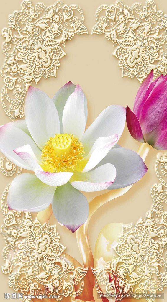 3D荷花玉雕玄关