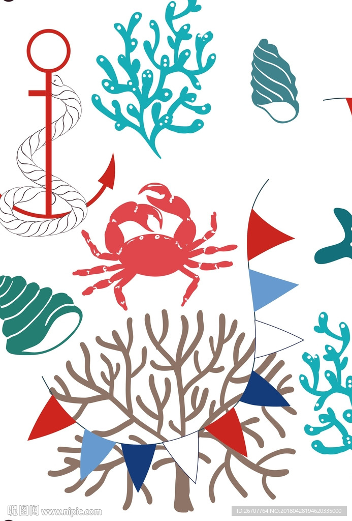 彩绘海洋元素锚螃蟹底纹印花矢量