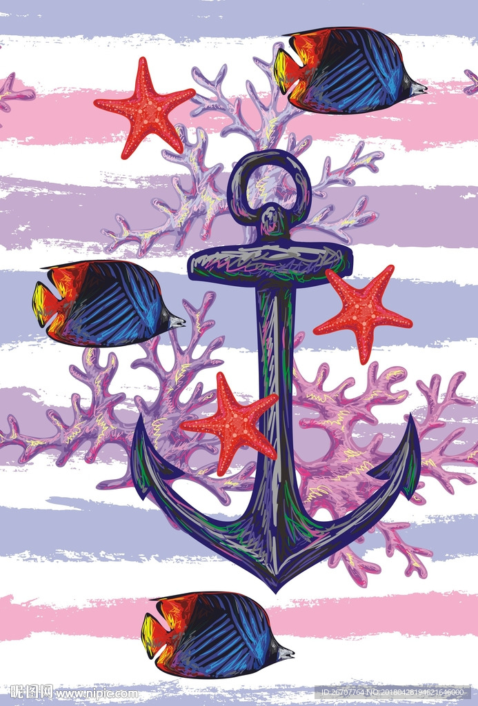 彩绘海洋元素锚鱼类印花矢量图