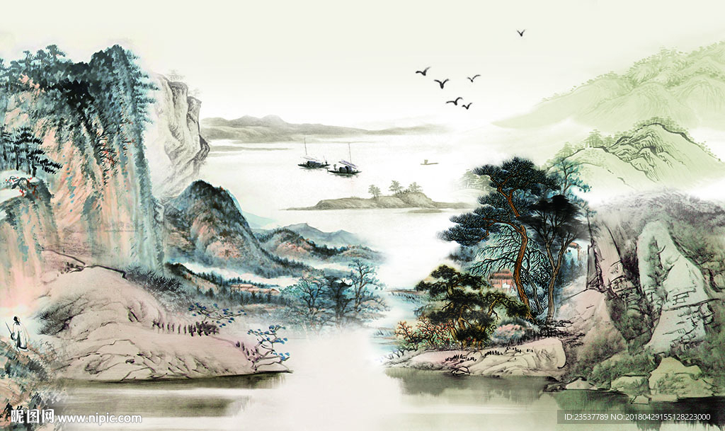 国画水墨山水中式电视背景墙