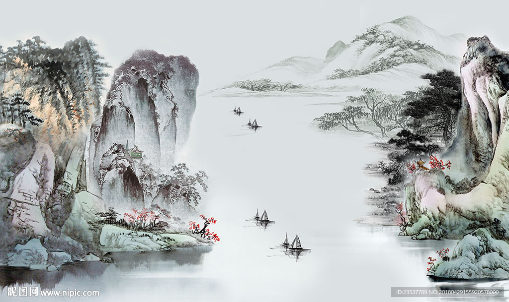 国画山水中式电视机背景墙