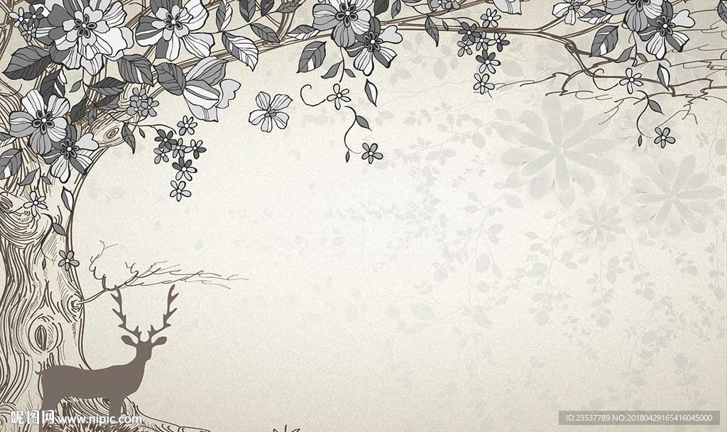 现代简约大树麋鹿背景墙