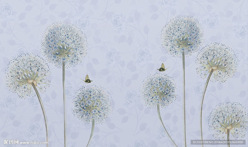 素雅玫瑰花纹蒲公英背景墙