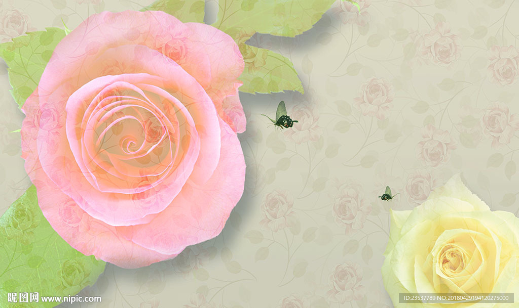 水彩玫瑰花朵电视机背景墙