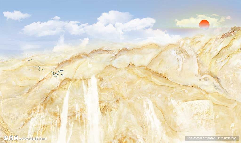 大理石山水瀑布中式背景墙