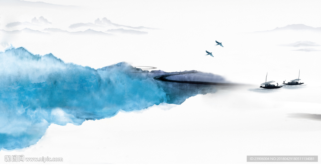 大型蓝色简约山水飞鸟背景壁纸