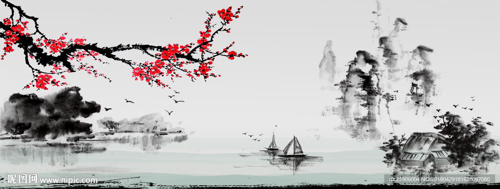 简约国画山水梅花花鸟背景壁纸