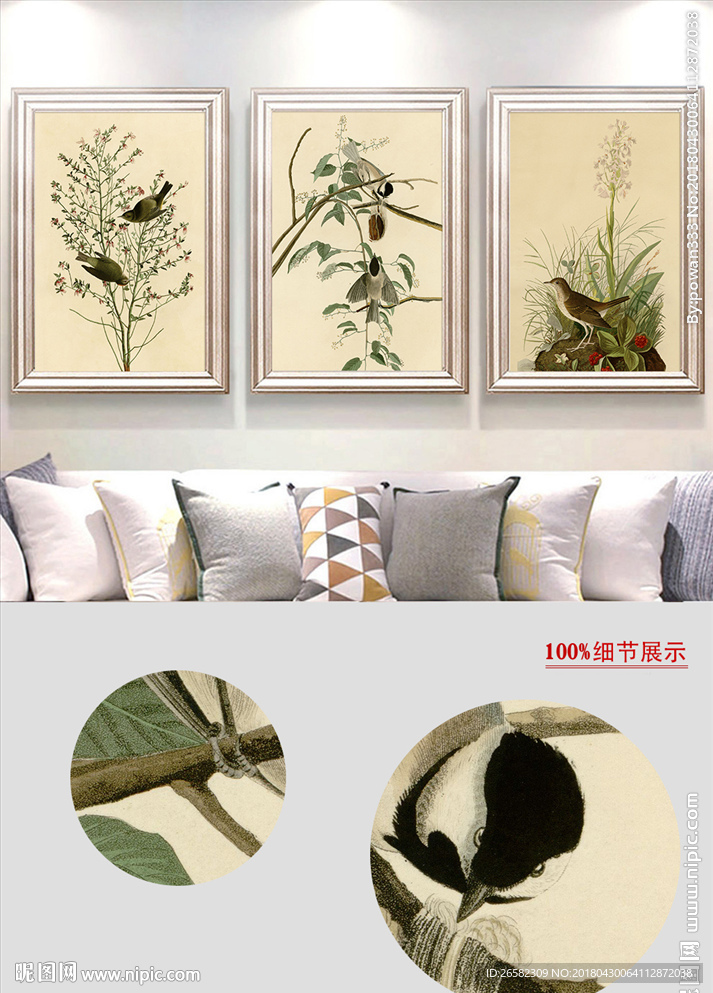欧式复古手绘花鸟朱装饰画