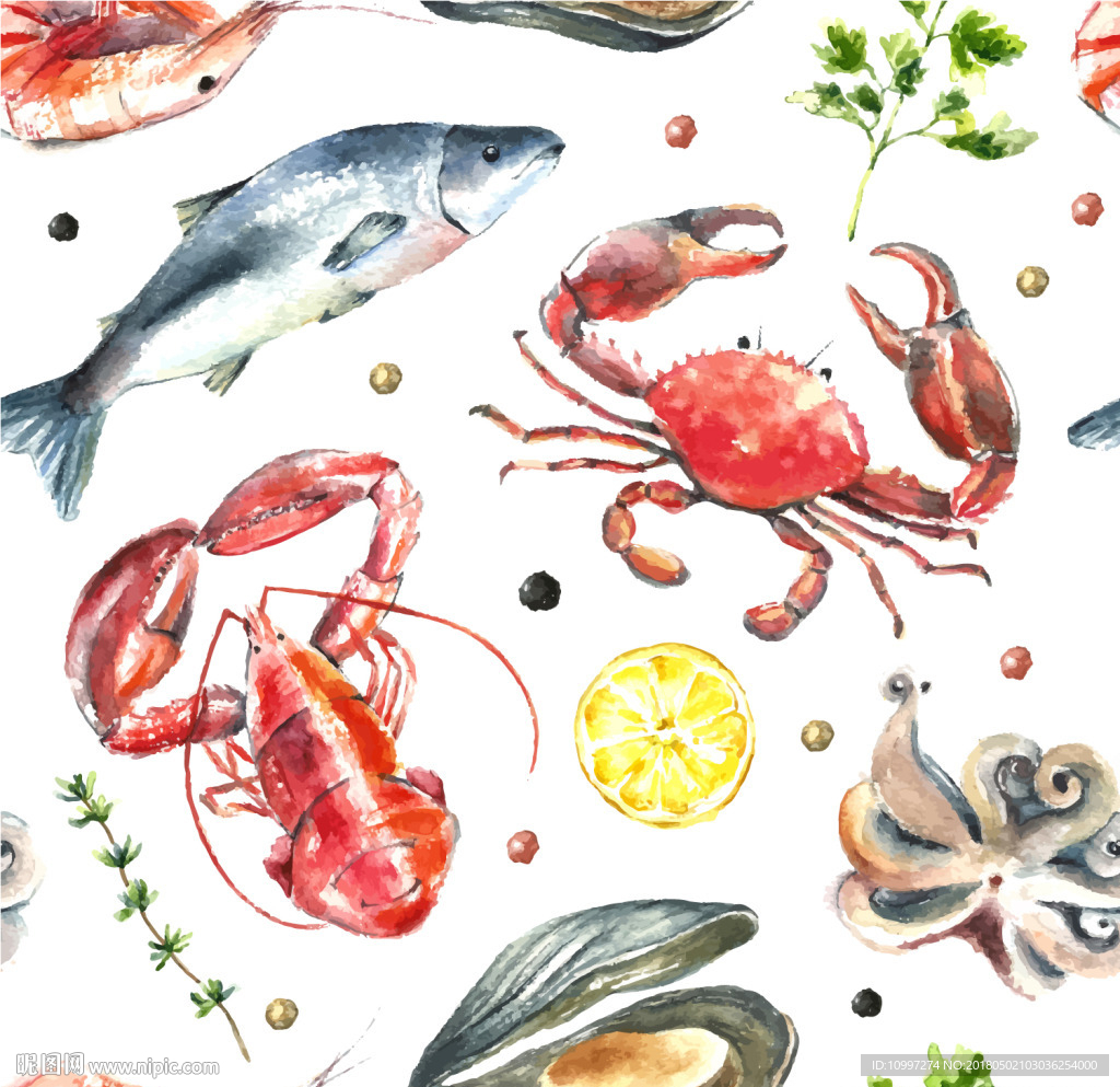 水彩绘海鲜矢量