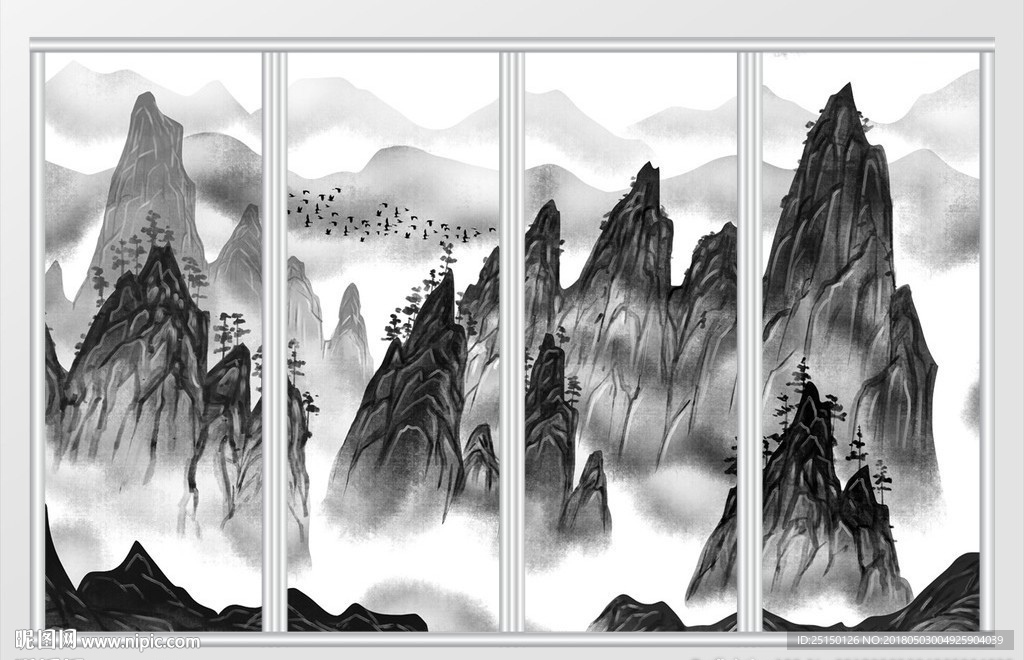 新中式水墨山水画移门