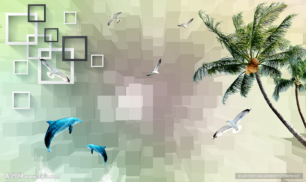 美丽椰树海豚海鸥简约框框背景墙