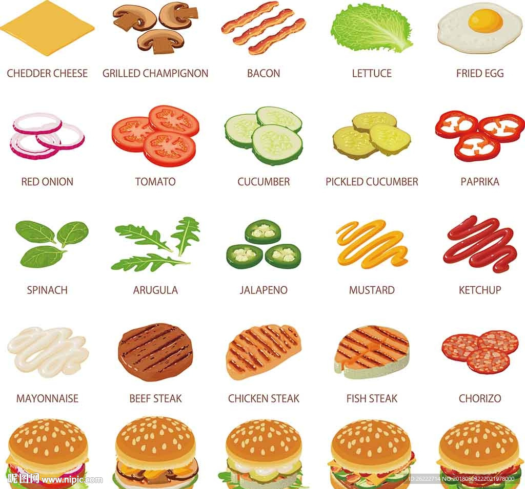 汉堡食材手绘插画设计素材