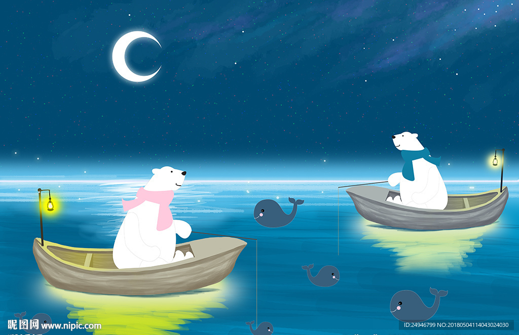 时尚卡通小船北极熊钓鱼卧室背景图片