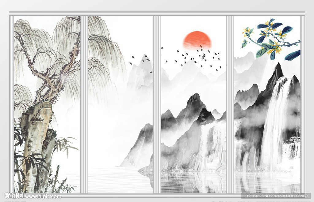 中国风中式水墨山水移门
