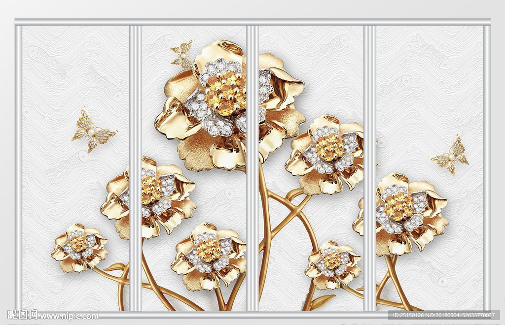 3d奢华金色芙蓉蝴蝶移门