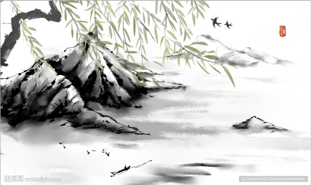水墨山水抽象树背景墙