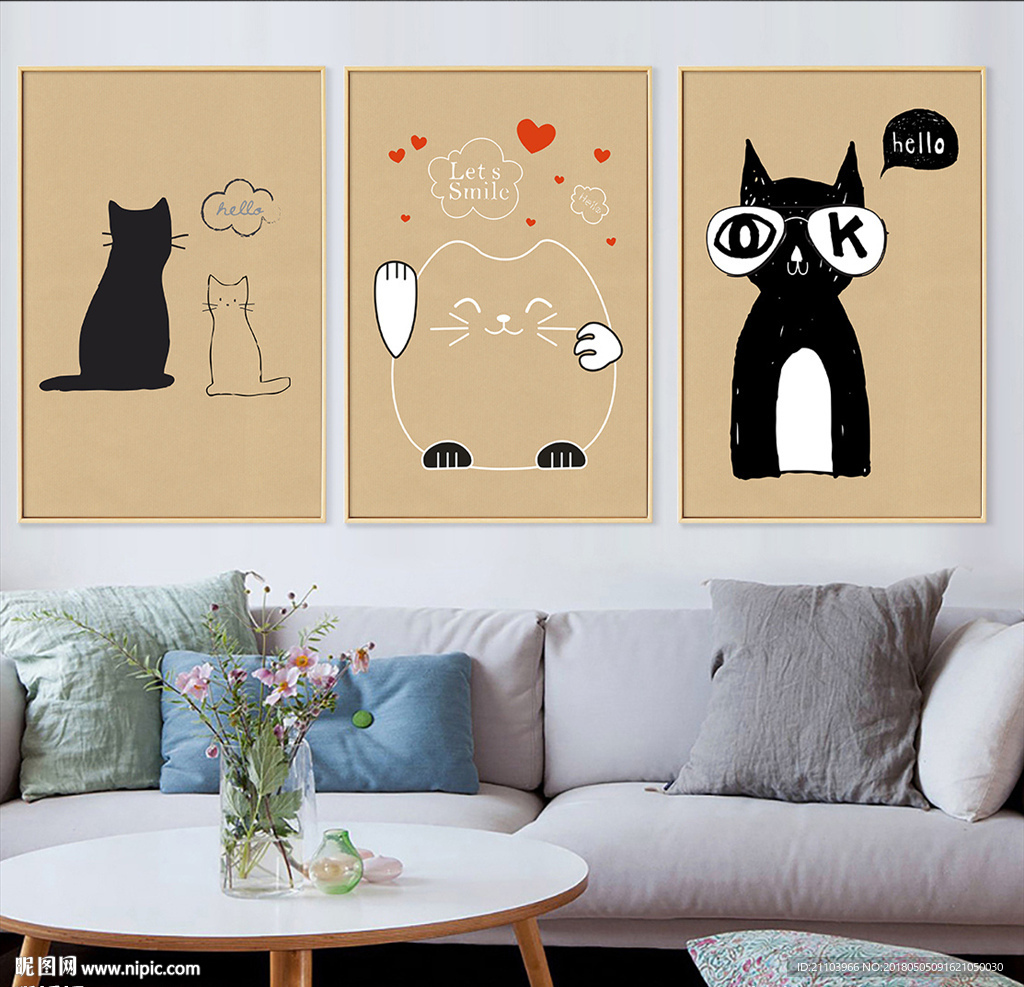 北欧简约创意猫卡通动物装饰画