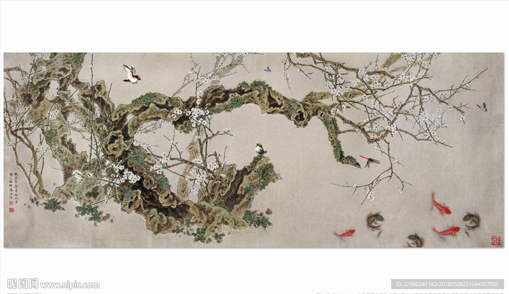 手绘工笔花鸟新中式背景墙壁画图