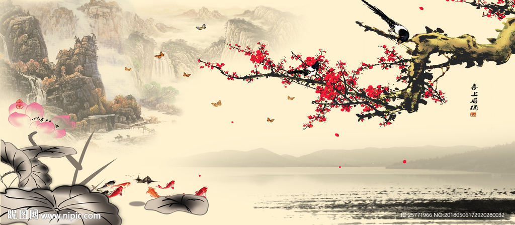 大型水墨山水梅花背景壁画