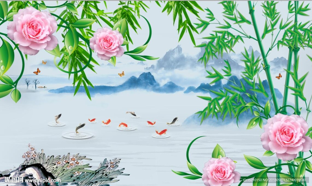 竹子九鱼图玫瑰花