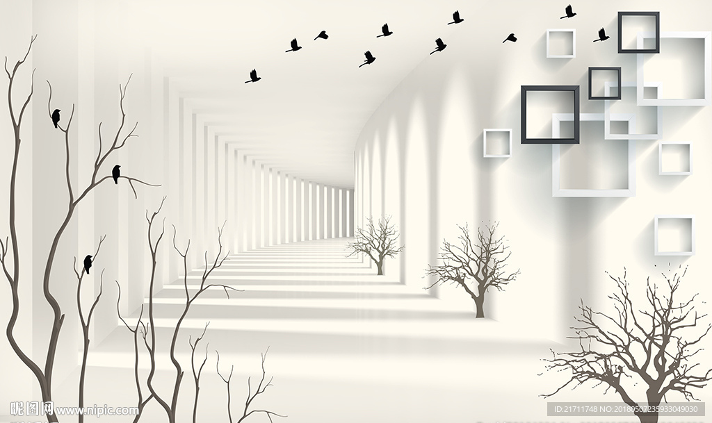 简约小树框框小鸟3D空间背景墙