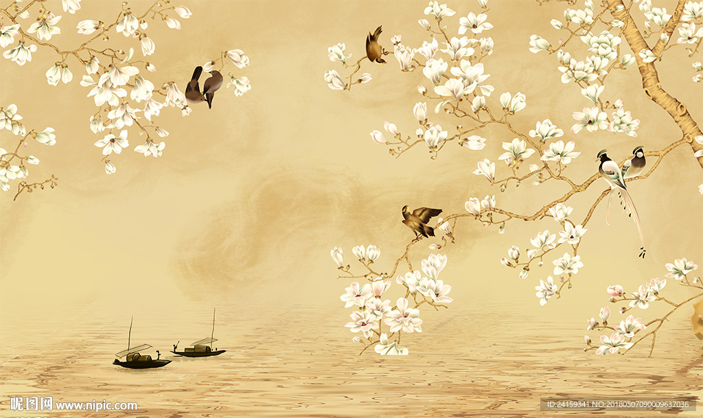 意境中式抽象玉兰花鸟山水背景