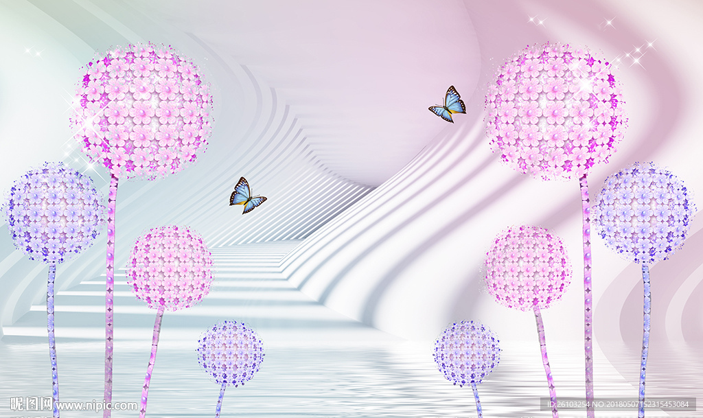 梦幻花卉蝴蝶3D空间电视背景墙