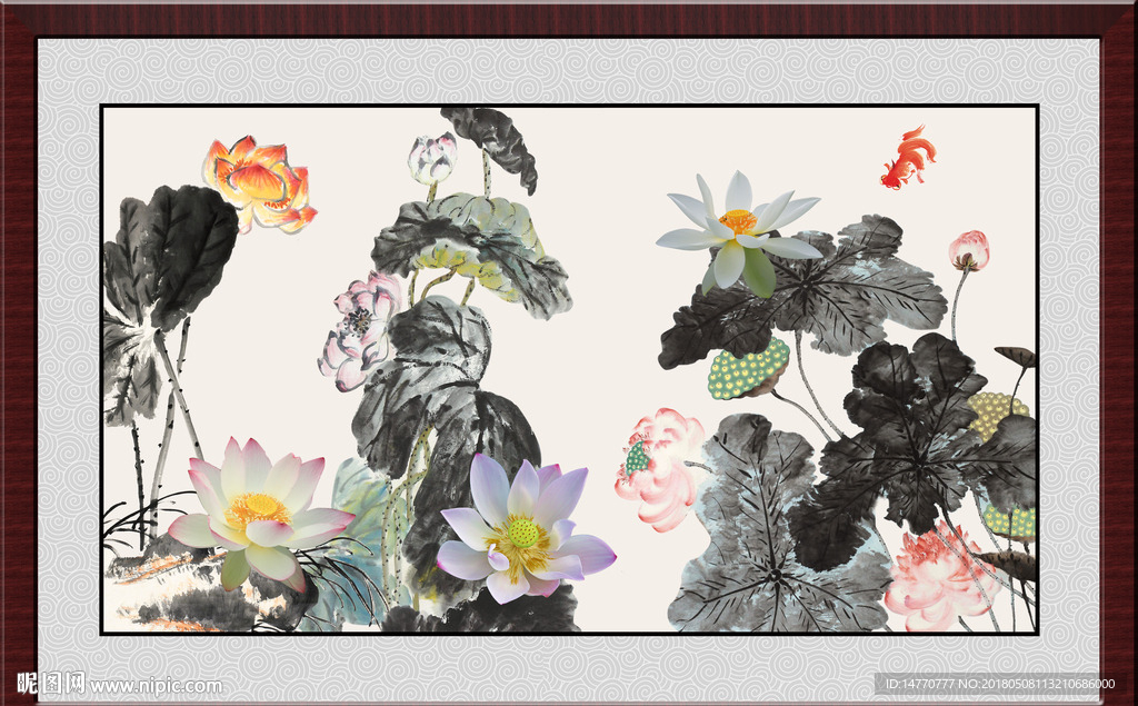 水墨壁画荷花