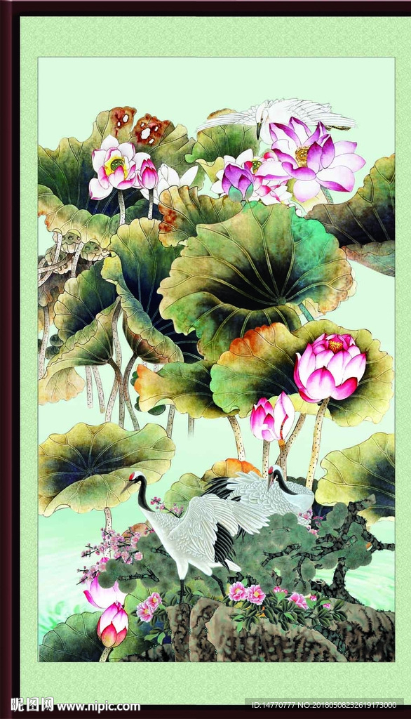 仙鹤荷花图
