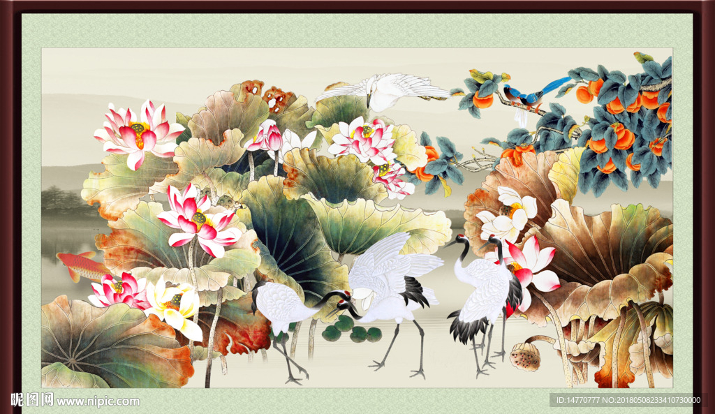 荷花仙鹤图