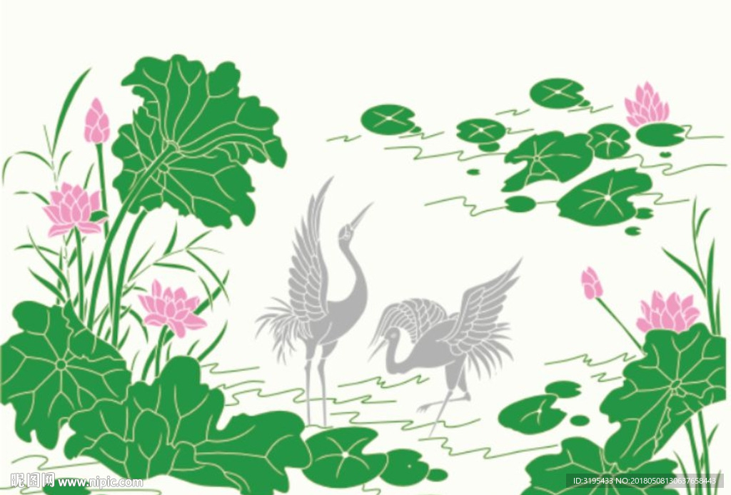 荷花 仙鹤 矢量图 硅藻泥图案