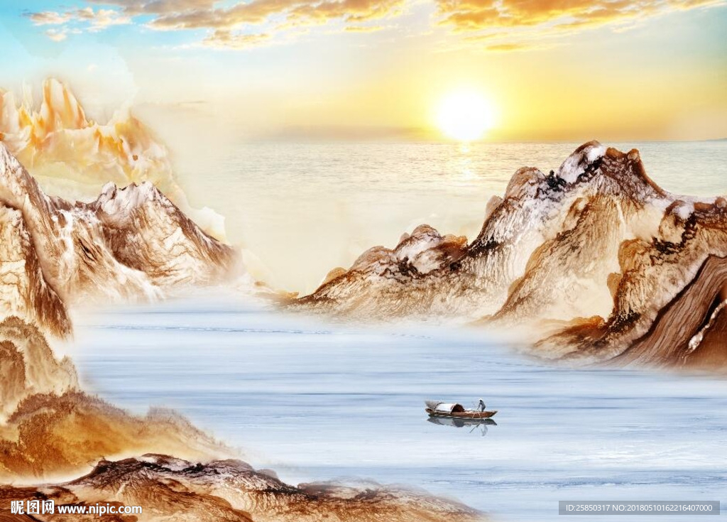 大理石山水石纹旭日东升