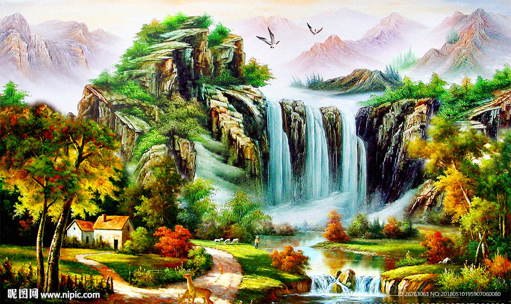 抽象油画山水瀑布田园背景图片