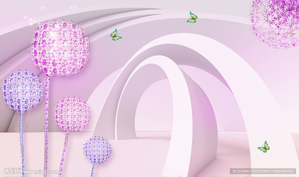 梦幻花卉蝴蝶3D空间电视背景墙