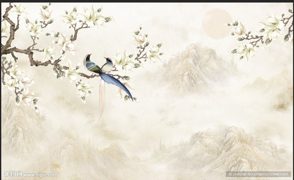 中式手绘工笔花鸟背景墙装饰画