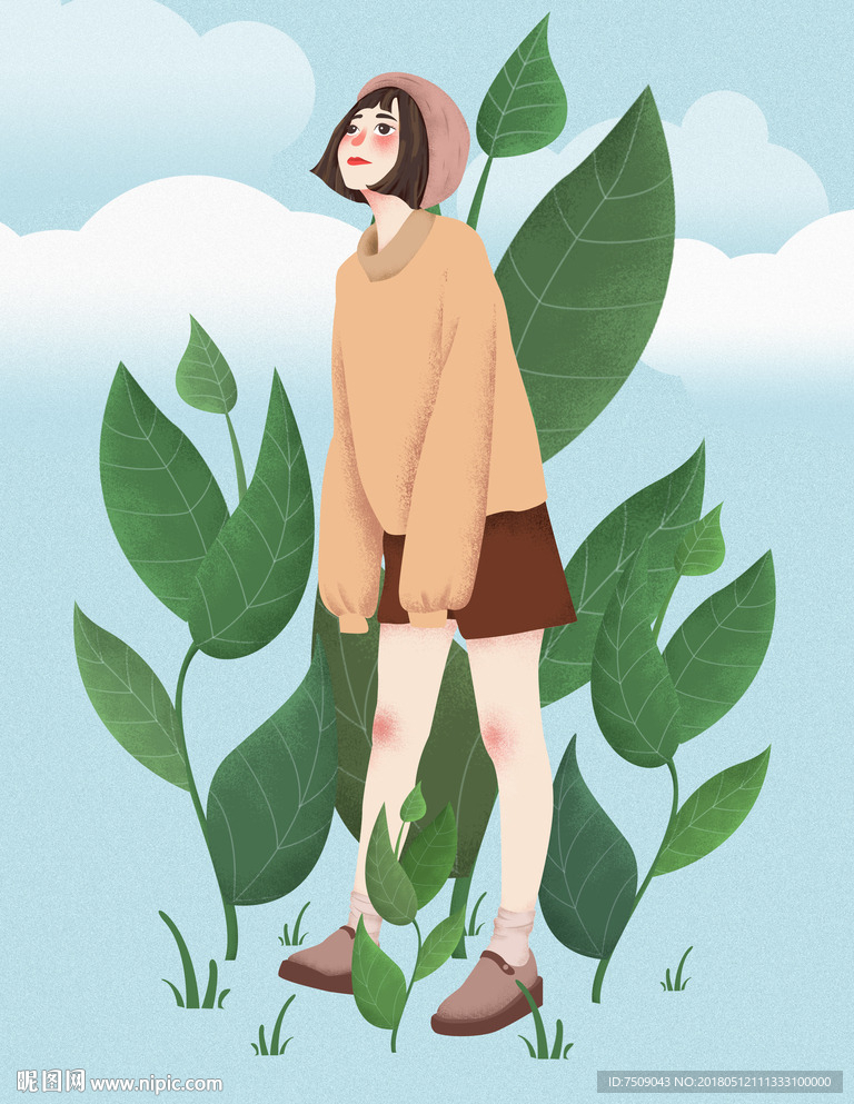 女孩植物插画