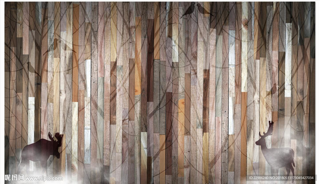 森林麋鹿复古木板背景墙壁画