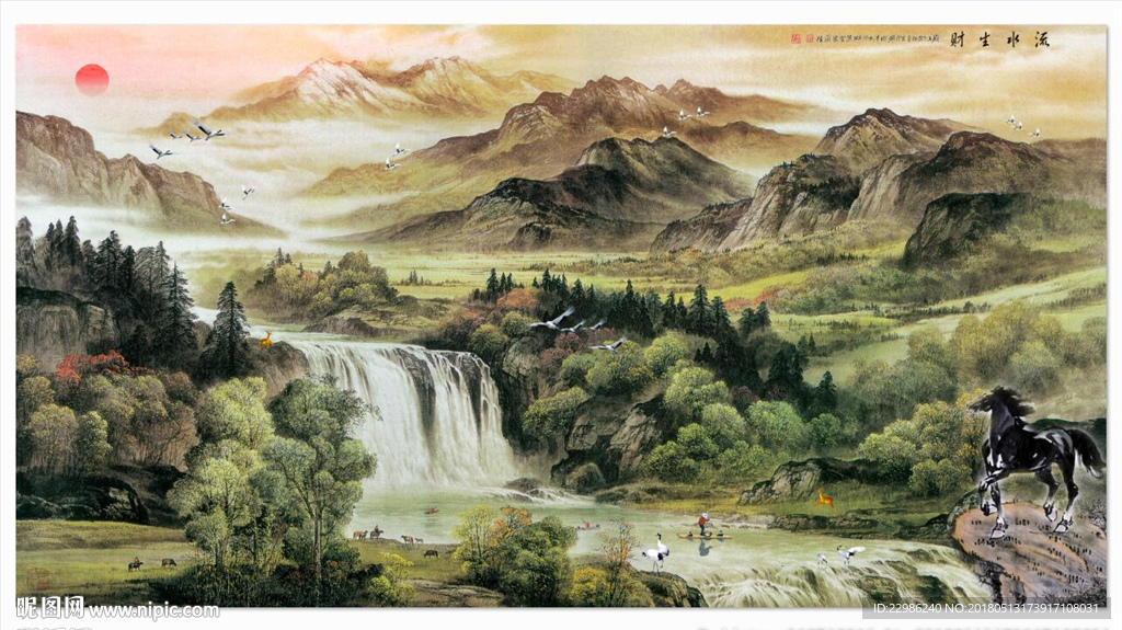 流水生财国画山水3D背景墙壁纸