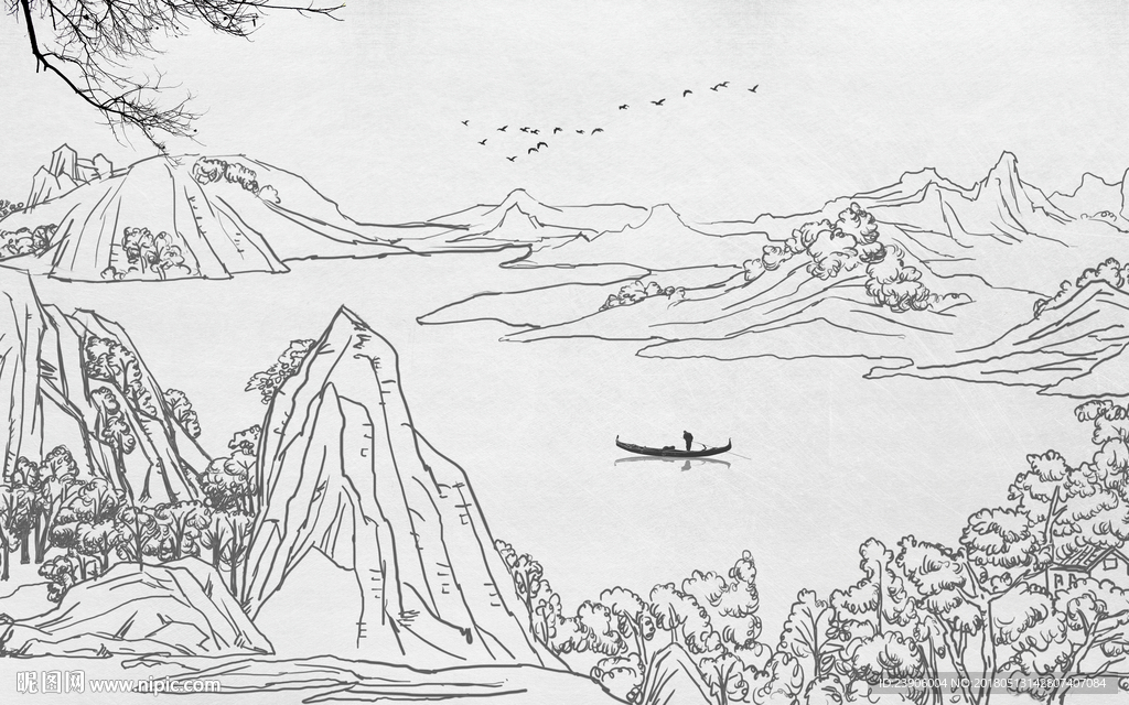 新中式手绘高山流水线条背景壁画