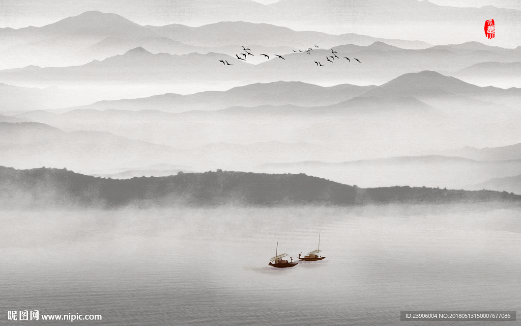 大型新中式手绘水墨山水背景画