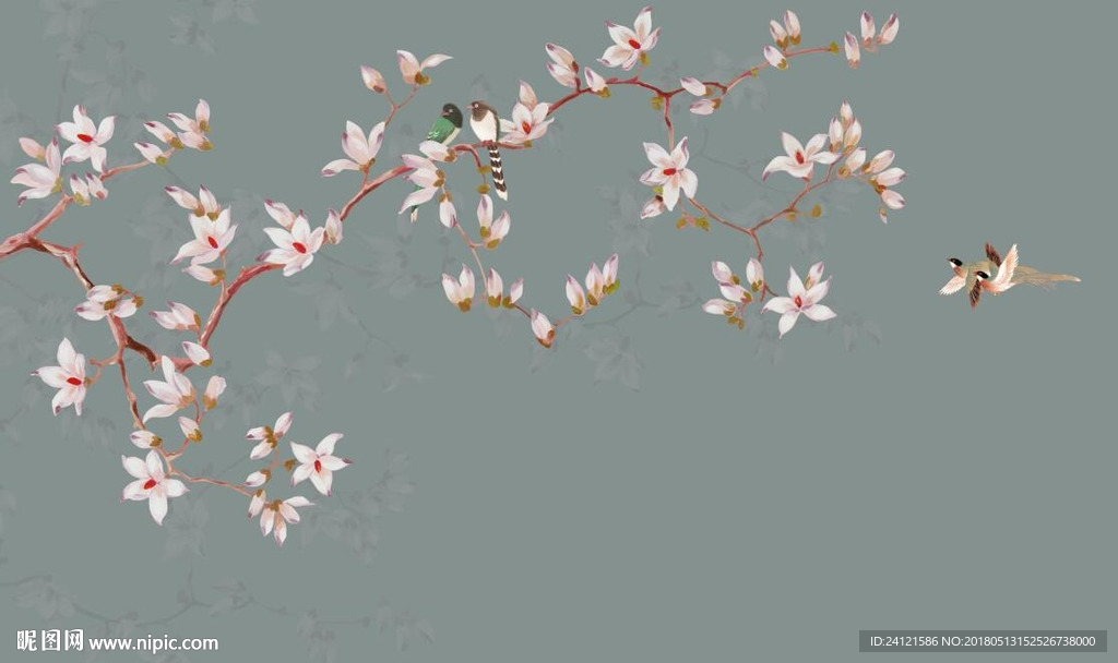 中式玉兰手绘花鸟工笔花鸟背景墙