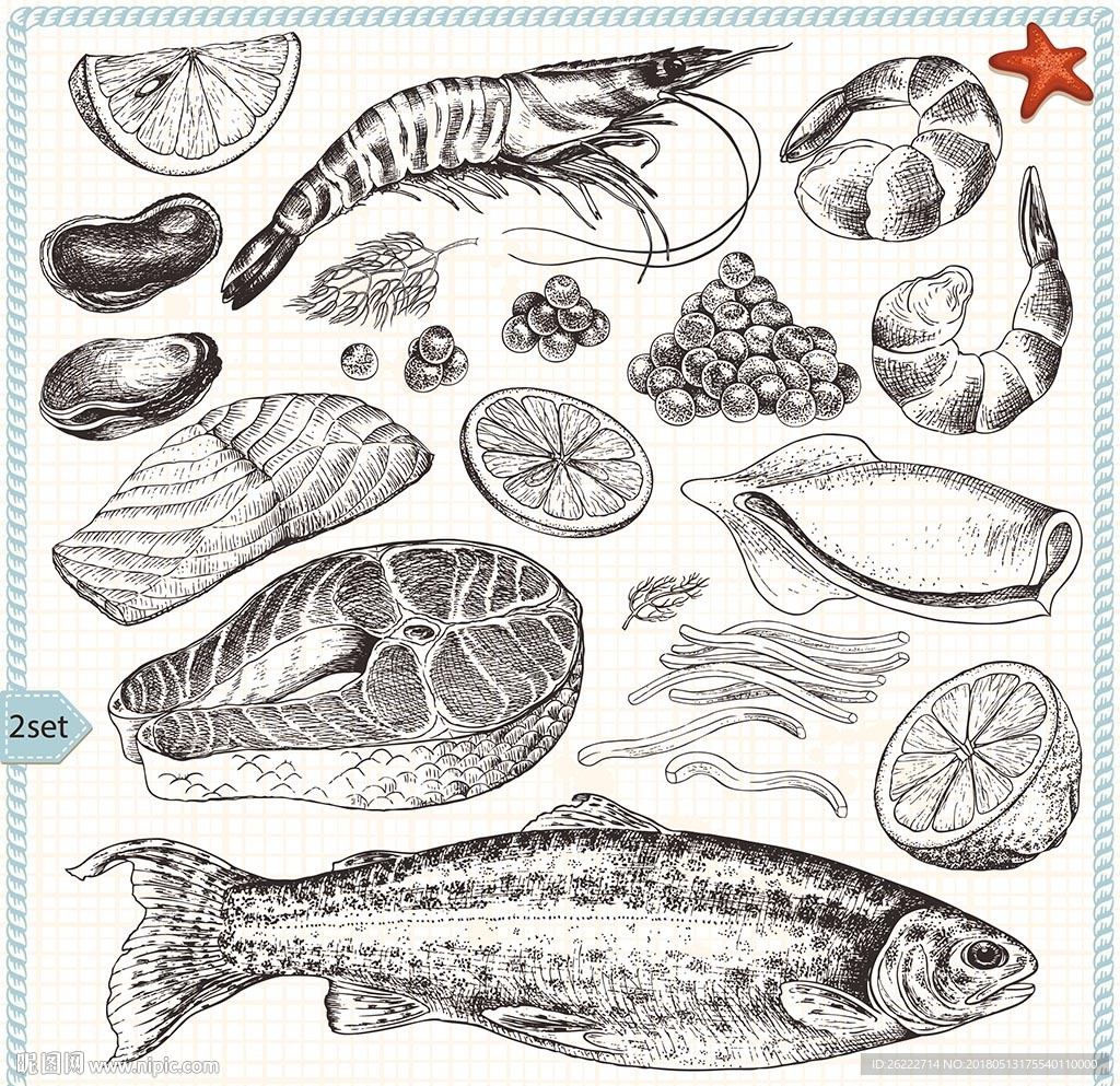 素描海鲜美食矢量素材