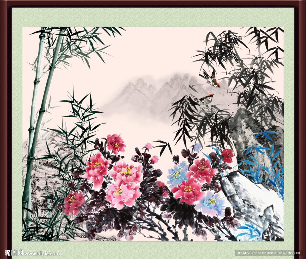 国画牡丹 水墨竹子