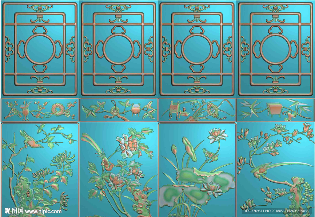 博古柜子四季花鸟书柜门板精雕图