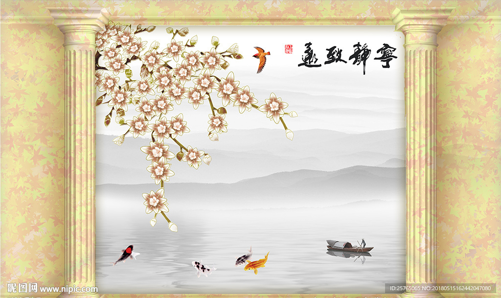 中式山水彩雕花卉罗马柱电视背景