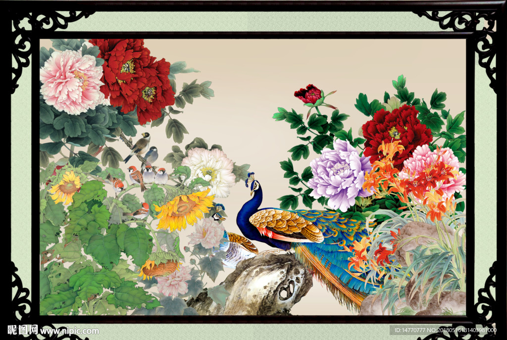 花开富贵孔雀图