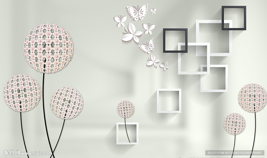 现代花卉简约框框蝴蝶电视背景墙