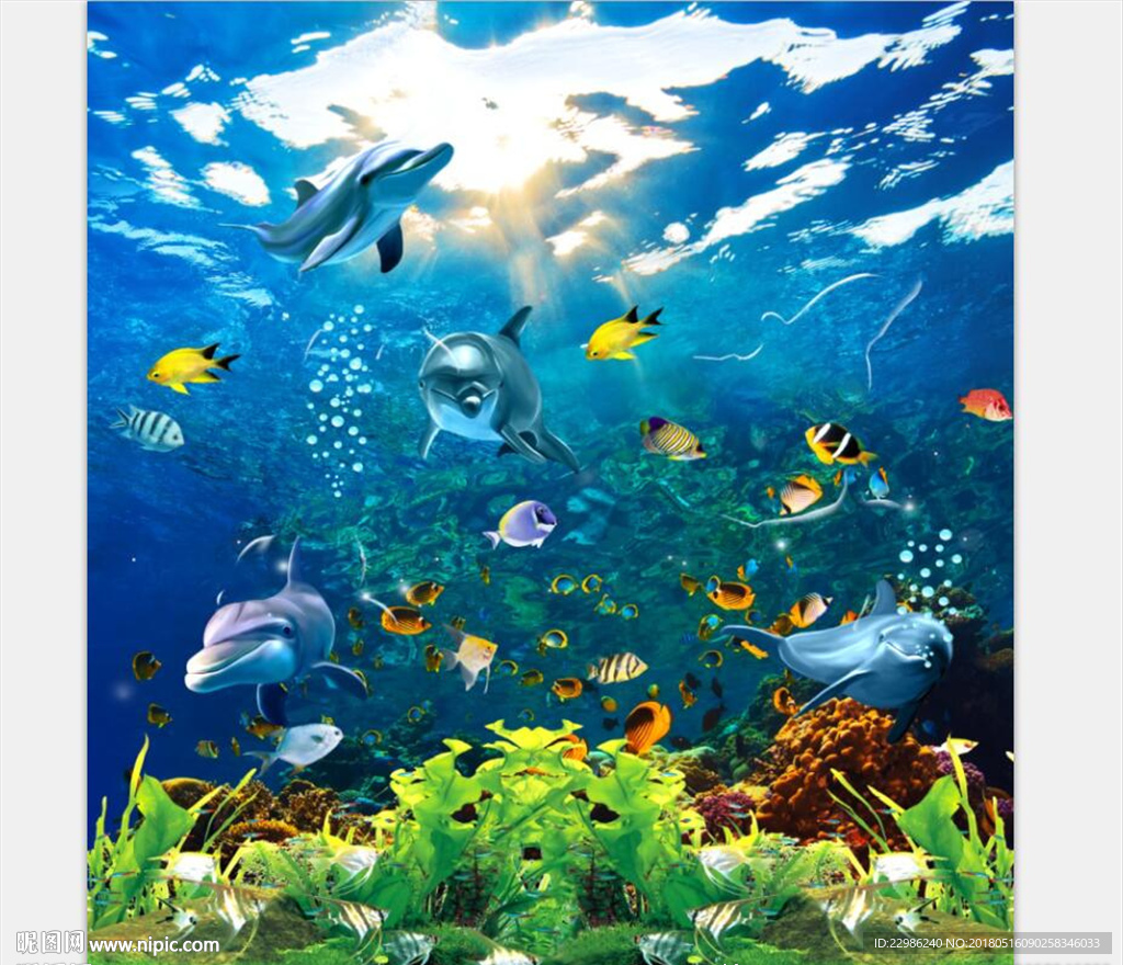 高清海豚海底世界3D背景墙壁纸