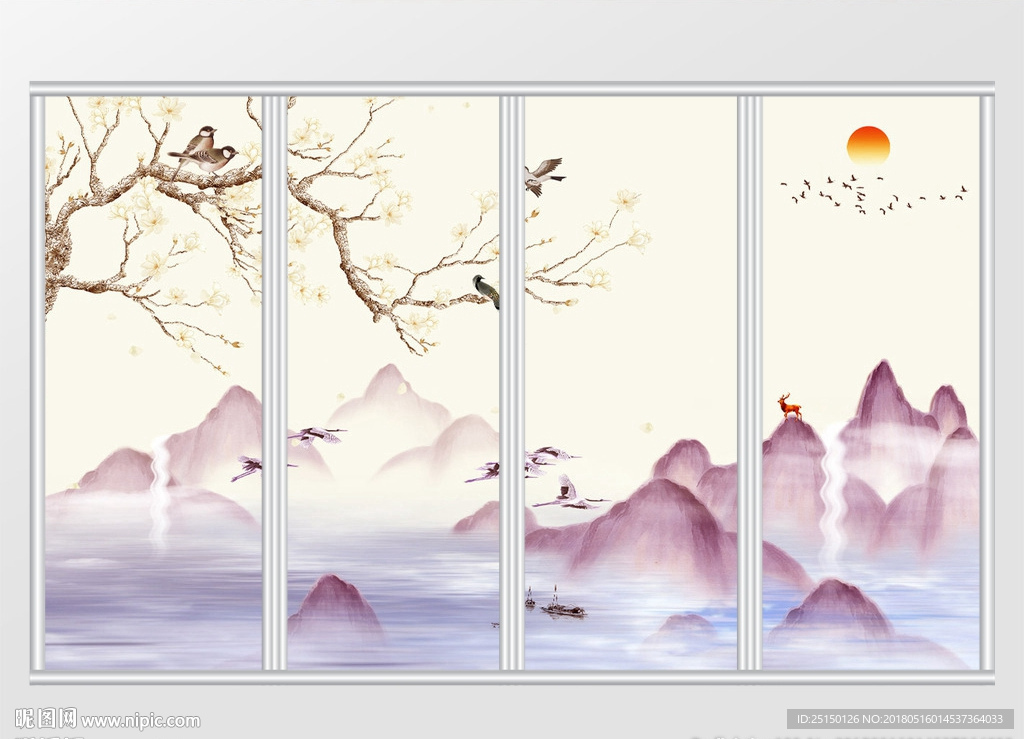 中式唯美花鸟山水移门